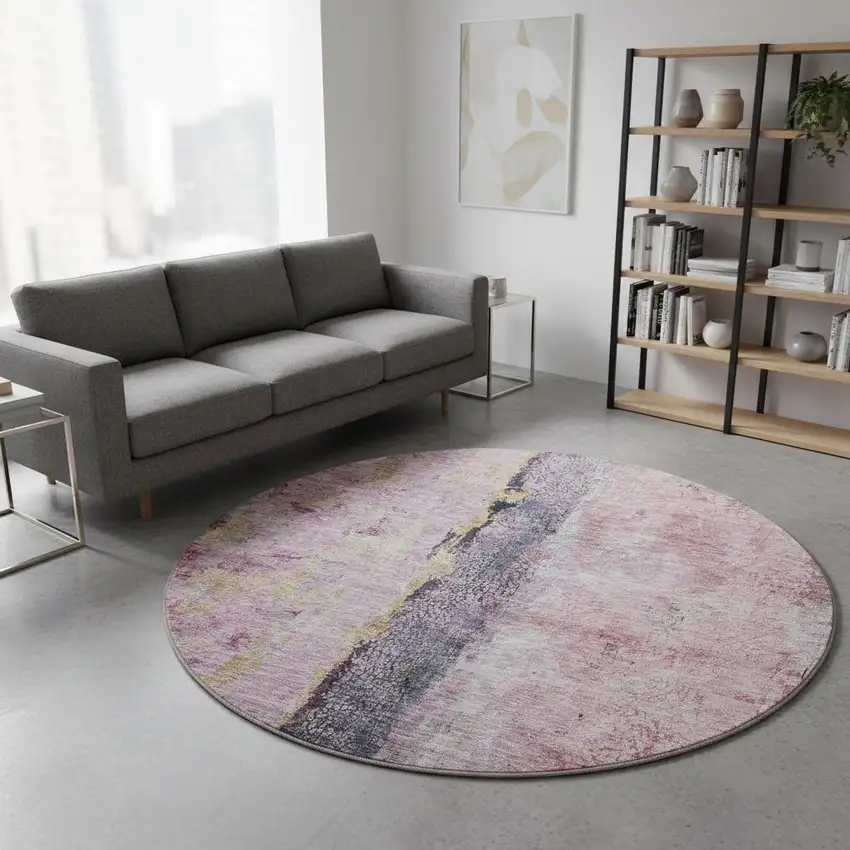 8' Blush Gray And Ivory Abstract Washable Round Rug With UV Protection Photo 2