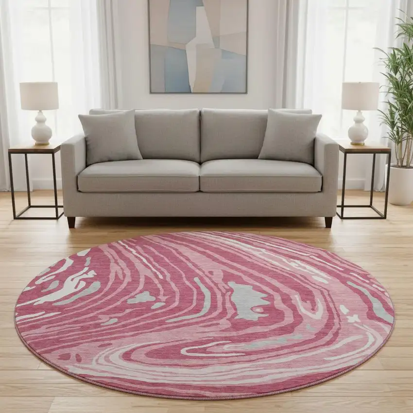 8' Blush Gray And Ivory Abstract Washable Round Rug With UV Protection Photo 2