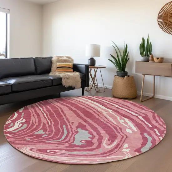 8' Blush Gray And Ivory Abstract Washable Round Rug With UV Protection Photo 4