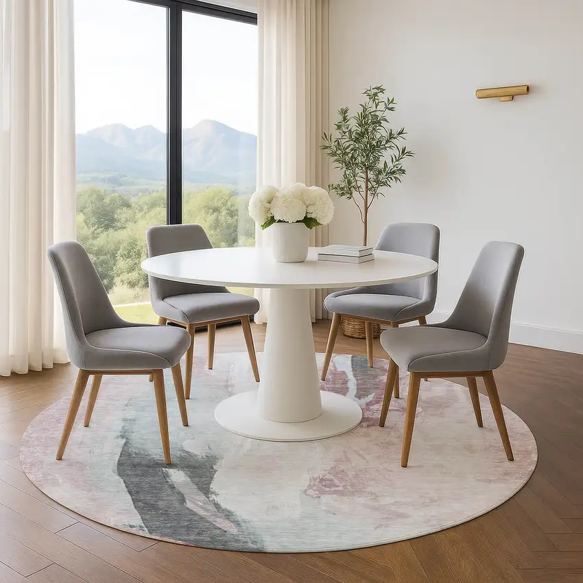 8' Blush Gray And Ivory Abstract Washable Round Rug With UV Protection Photo 5