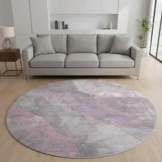 8' Blush Gray And Ivory Floral Washable Round Rug With UV Protection Photo 2