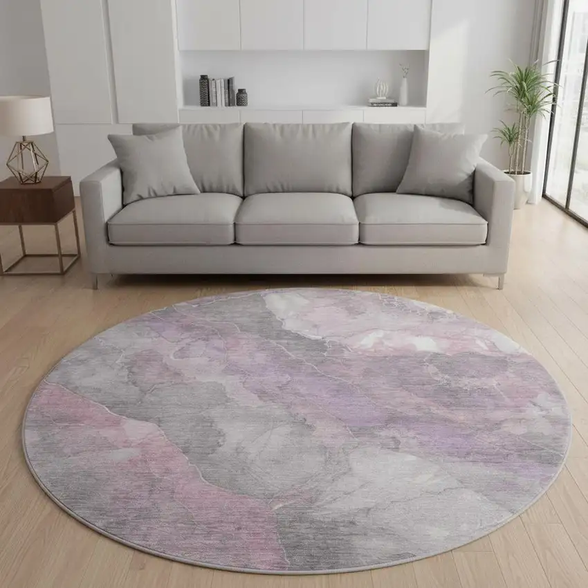 8' Blush Gray And Ivory Floral Washable Round Rug With UV Protection Photo 2
