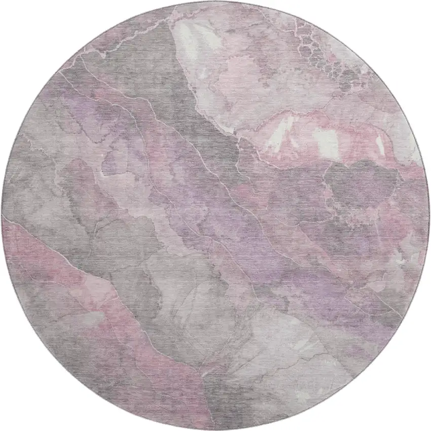 8' Blush Gray And Ivory Floral Washable Round Rug With UV Protection Photo 1