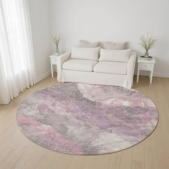 8' Blush Gray And Ivory Floral Washable Round Rug With UV Protection Photo 4