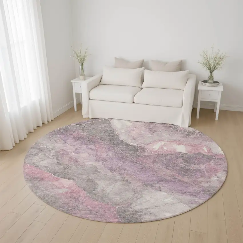 8' Blush Gray And Ivory Floral Washable Round Rug With UV Protection Photo 4