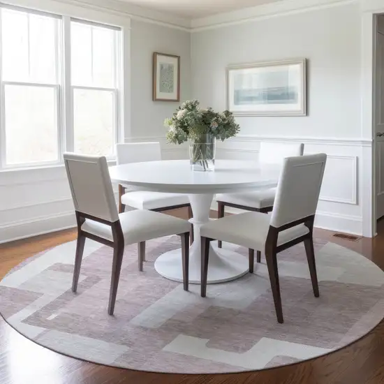 8' Blush Gray And Ivory Round Abstract Washable Indoor Outdoor Area Rug Photo 7