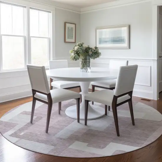 8' Blush Gray And Ivory Round Abstract Washable Indoor Outdoor Area Rug Photo 7
