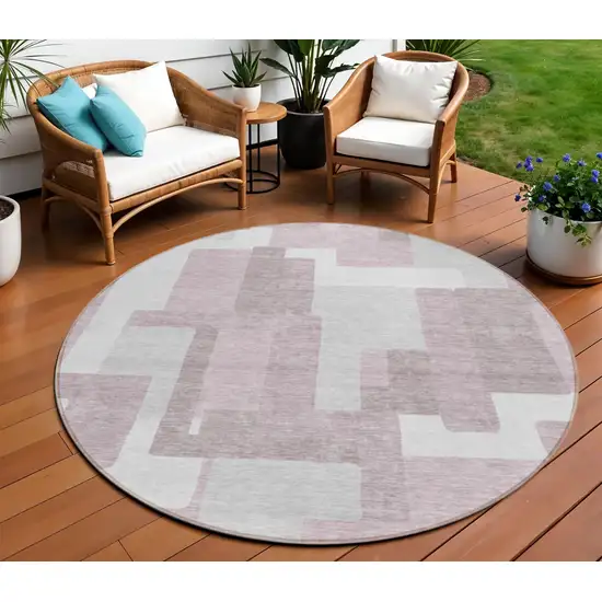 8' Blush Gray And Ivory Round Abstract Washable Indoor Outdoor Area Rug Photo 1