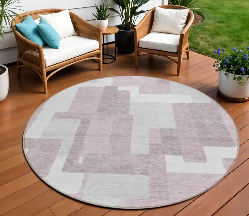 8' Blush Gray And Ivory Round Abstract Washable Indoor Outdoor Area Rug Photo 1