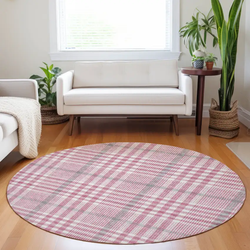 8' Blush Gray And Ivory Round Plaid Washable Indoor Outdoor Area Rug Photo 7