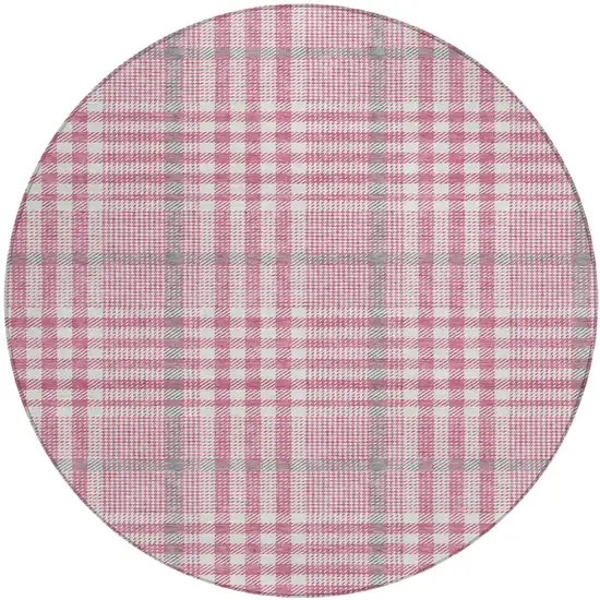 8' Blush Gray And Ivory Round Plaid Washable Indoor Outdoor Area Rug Photo 2