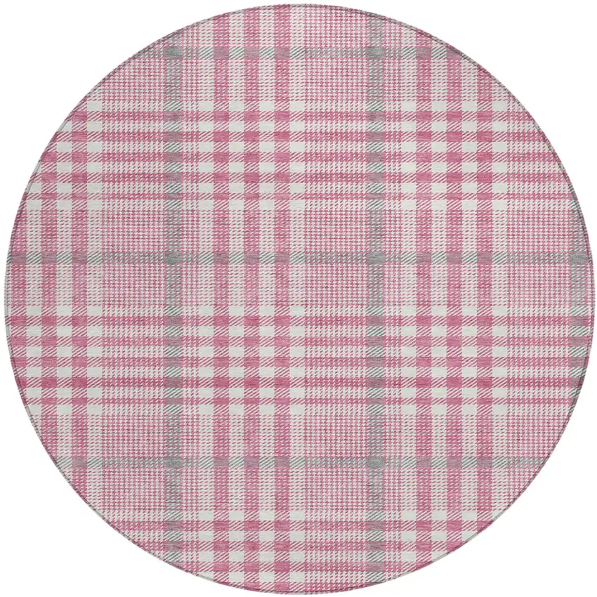 8' Blush Gray And Ivory Round Plaid Washable Indoor Outdoor Area Rug Photo 2