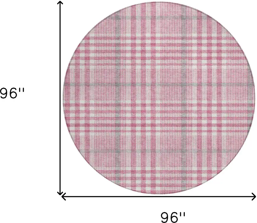 8' Blush Gray And Ivory Round Plaid Washable Indoor Outdoor Area Rug Photo 8