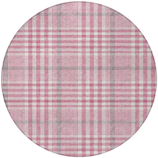 8' Blush Gray And Ivory Round Plaid Washable Indoor Outdoor Area Rug Photo 5