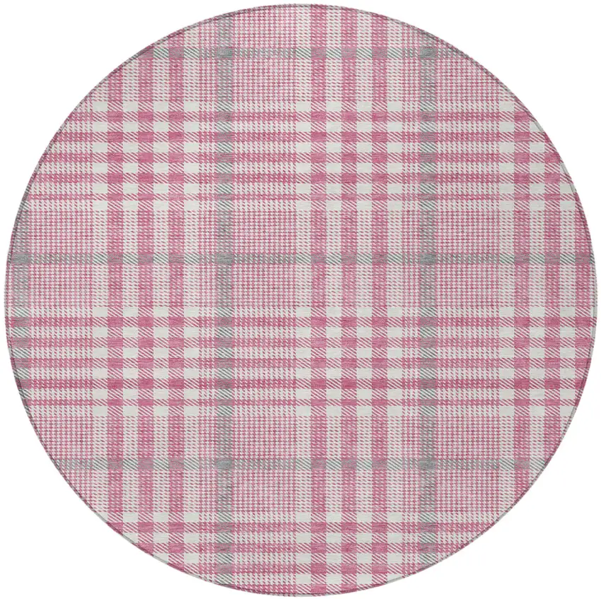 8' Blush Gray And Ivory Round Plaid Washable Indoor Outdoor Area Rug Photo 5