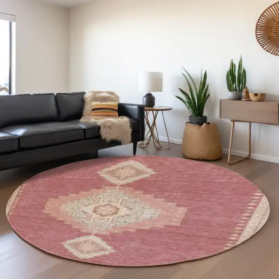 8' Blush Gray And Pink Oriental Washable Round Rug With UV Protection Photo 4