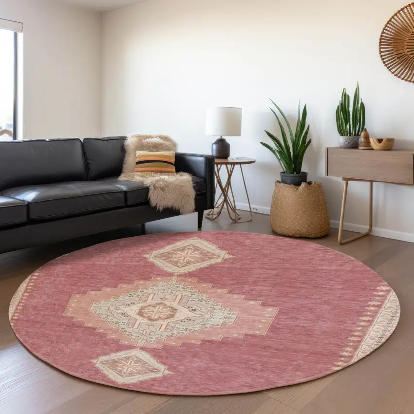 8' Blush Gray And Pink Oriental Washable Round Rug With UV Protection Photo 4