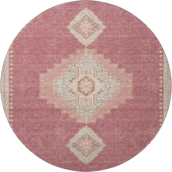 8' Blush Gray And Pink Oriental Washable Round Rug With UV Protection Photo 3