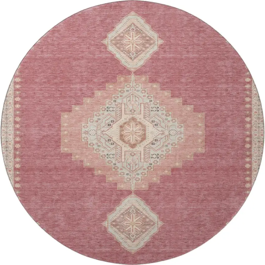 8' Blush Gray And Pink Oriental Washable Round Rug With UV Protection Photo 3