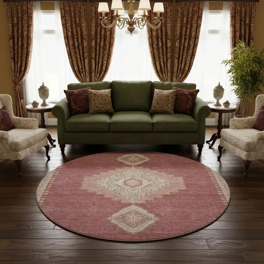 8' Blush Gray And Pink Oriental Washable Round Rug With UV Protection Photo 2