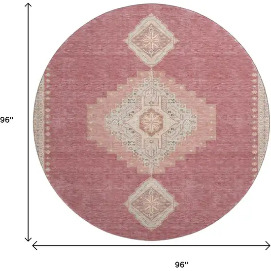8' Blush Gray And Pink Oriental Washable Round Rug With UV Protection Photo 9