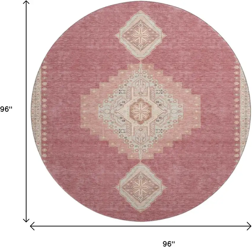 8' Blush Gray And Pink Oriental Washable Round Rug With UV Protection Photo 9