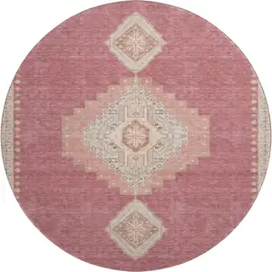 Photo of 8' Blush Gray And Pink Oriental Washable Round Rug With UV Protection