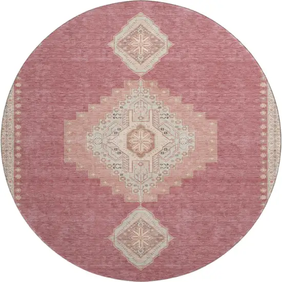 8' Blush Gray And Pink Oriental Washable Round Rug With UV Protection Photo 1