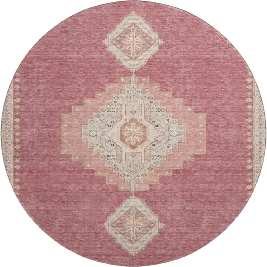 8' Blush Gray And Pink Oriental Washable Round Rug With UV Protection Photo 1