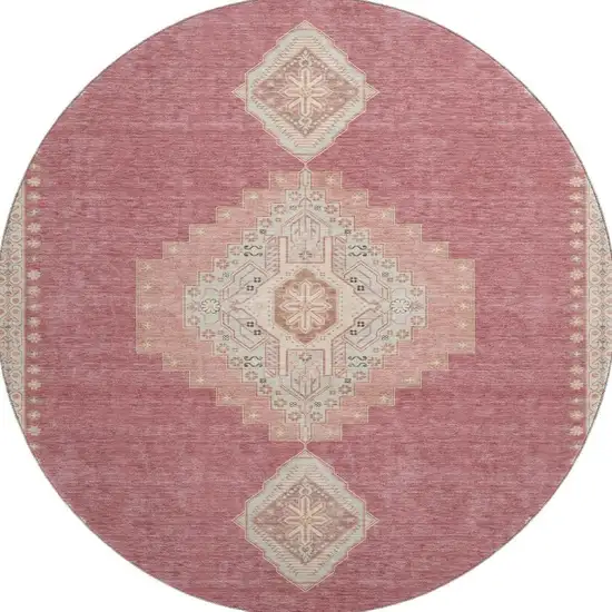 8' Blush Gray And Pink Oriental Washable Round Rug With UV Protection Photo 2
