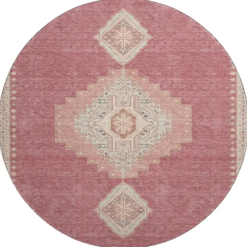 8' Blush Gray And Pink Oriental Washable Round Rug With UV Protection Photo 2