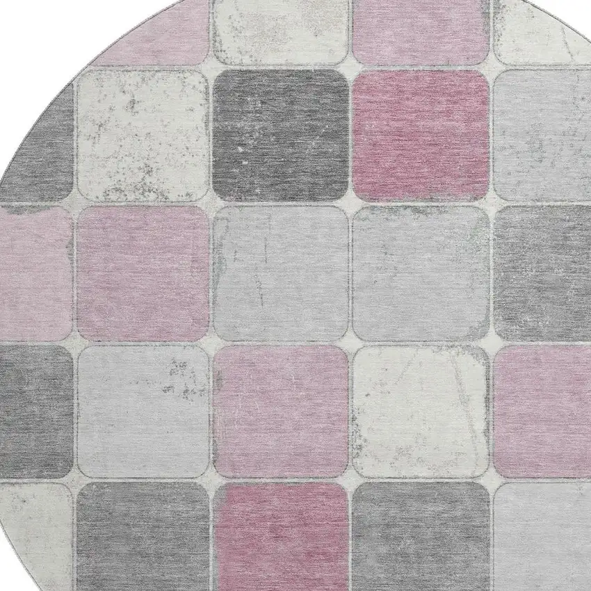 8' Blush Gray And Silver Geometric Washable Round Rug With UV Protection Photo 3