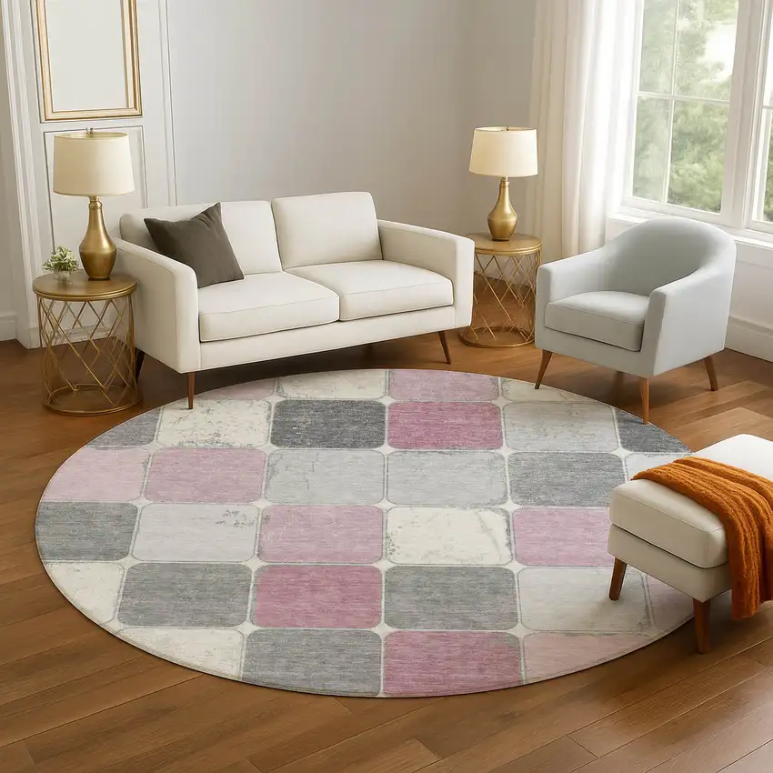 8' Blush Gray And Silver Geometric Washable Round Rug With UV Protection Photo 5