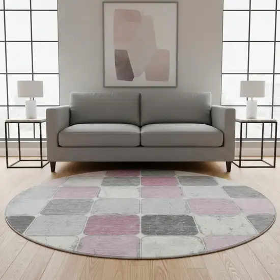 8' Blush Gray And Silver Geometric Washable Round Rug With UV Protection Photo 2
