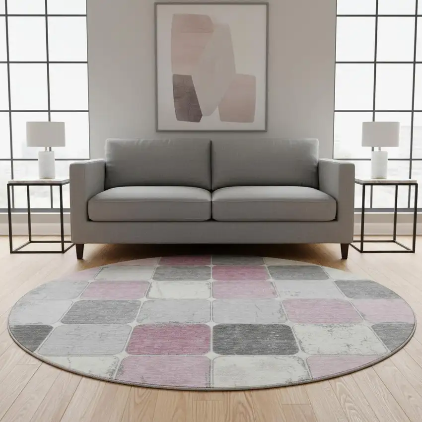 8' Blush Gray And Silver Geometric Washable Round Rug With UV Protection Photo 2