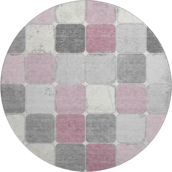 8' Blush Gray And Silver Geometric Washable Round Rug With UV Protection Photo 1
