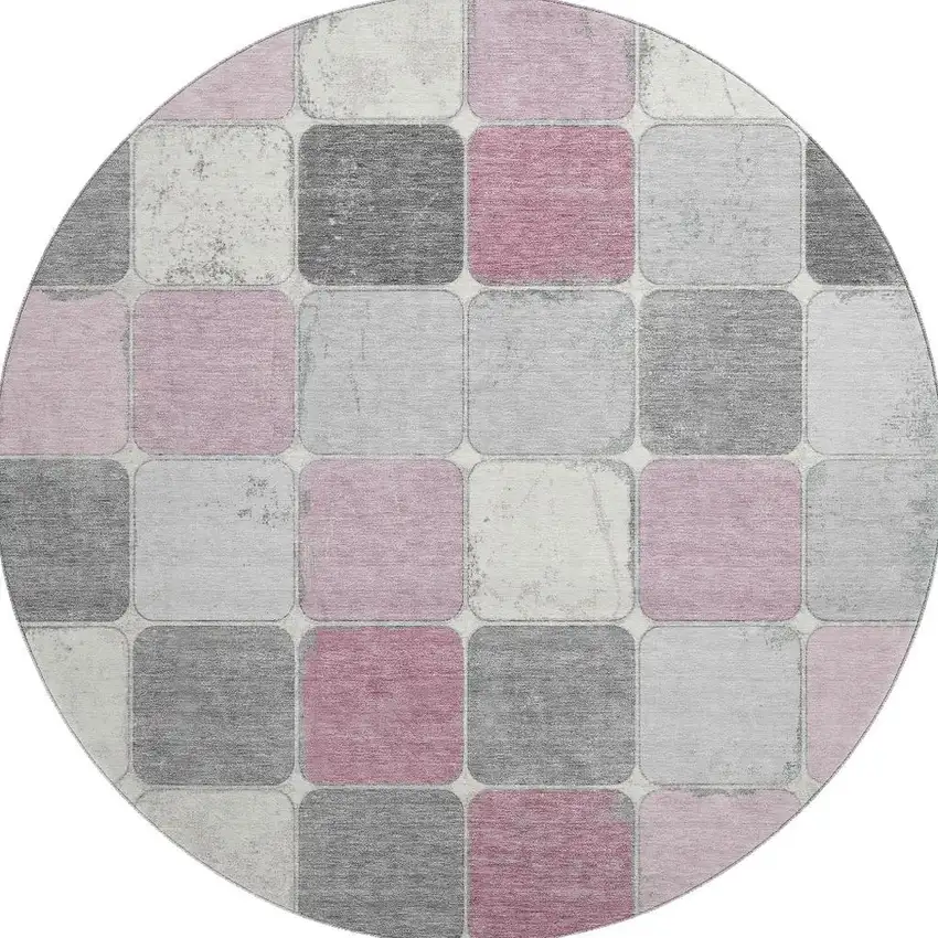 8' Blush Gray And Silver Geometric Washable Round Rug With UV Protection Photo 4