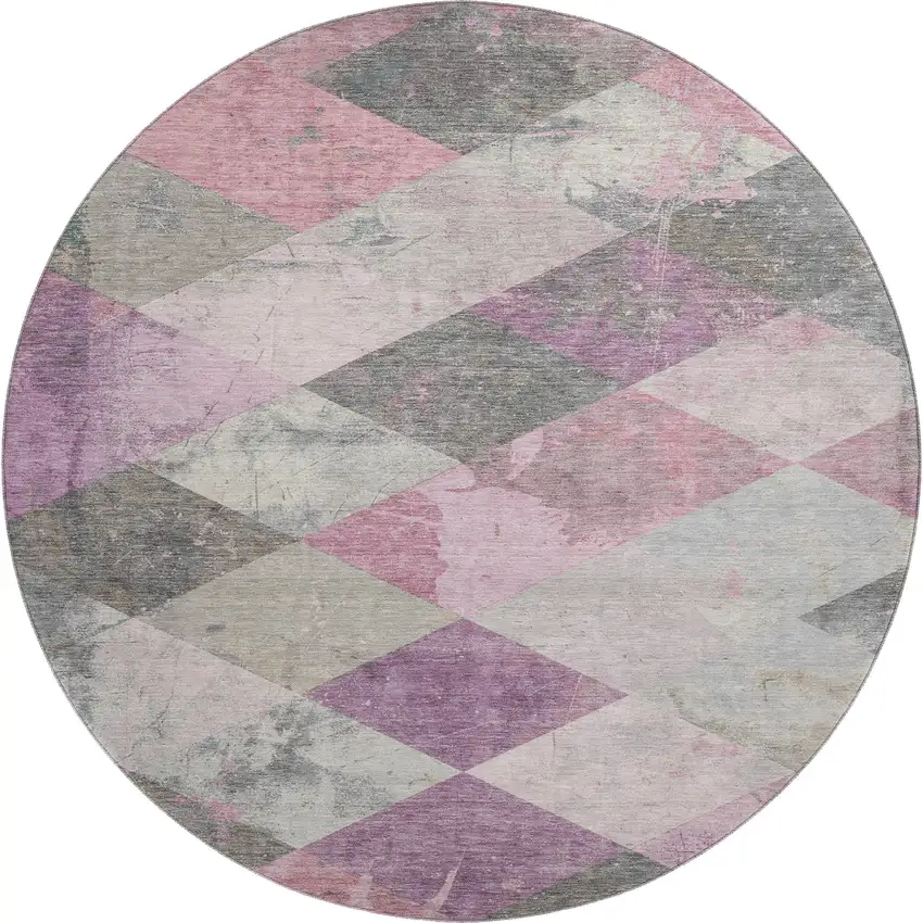 8' Blush Gray And Silver Geometric Washable Round Rug With UV Protection Photo 1