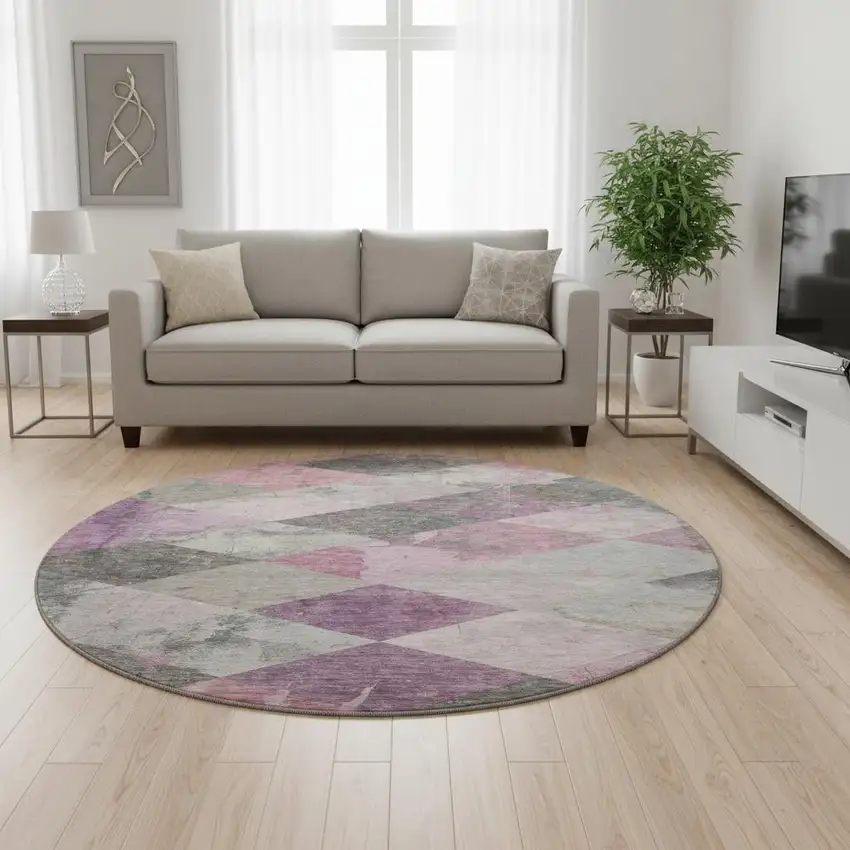 8' Blush Gray And Silver Geometric Washable Round Rug With UV Protection Photo 2