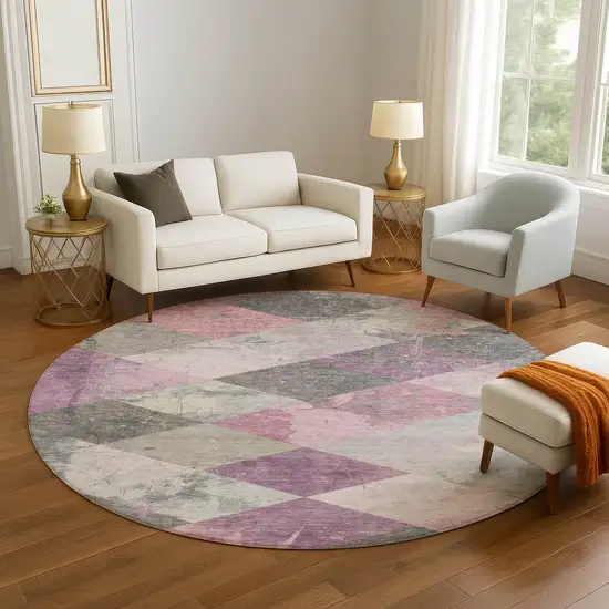 8' Blush Gray And Silver Geometric Washable Round Rug With UV Protection Photo 5