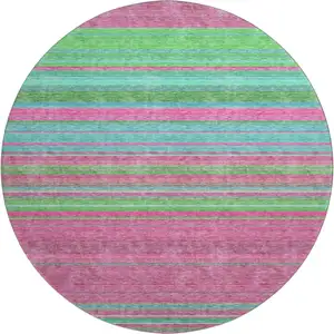 Photo of 8' Blush Green And Blue Striped Washable Round Rug With UV Protection