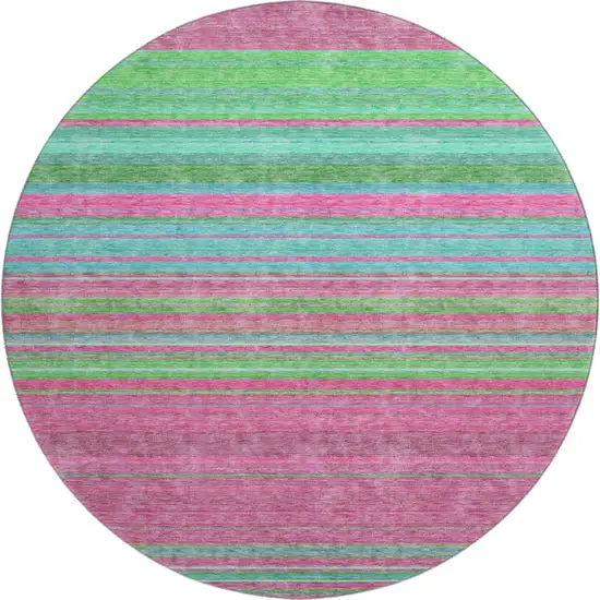 8' Blush Green And Blue Striped Washable Round Rug With UV Protection Photo 1
