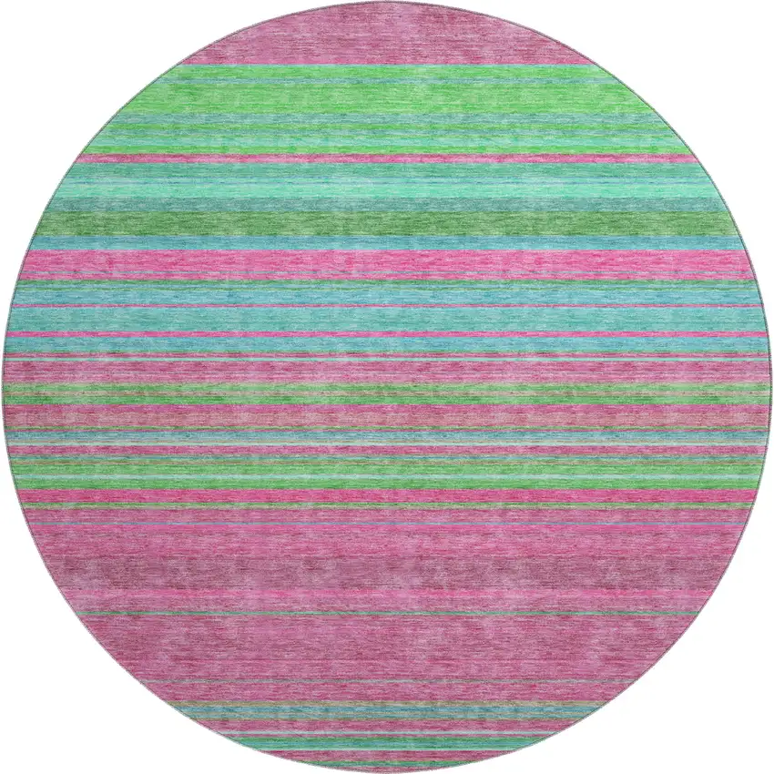 8' Blush Green And Blue Striped Washable Round Rug With UV Protection Photo 1