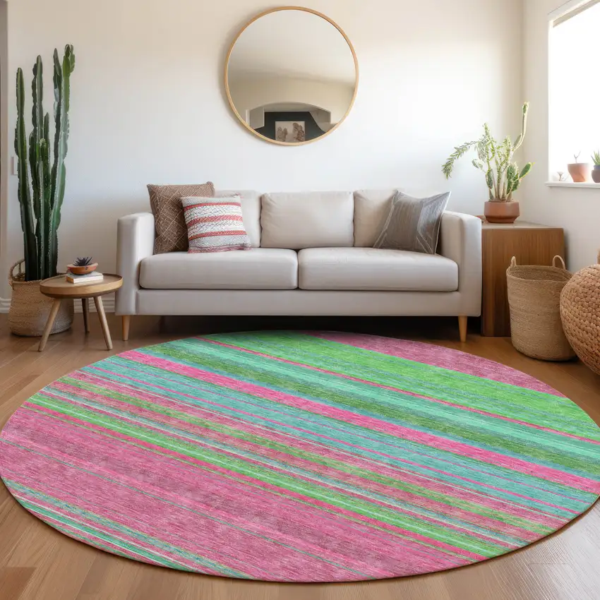8' Blush Green And Blue Striped Washable Round Rug With UV Protection Photo 4
