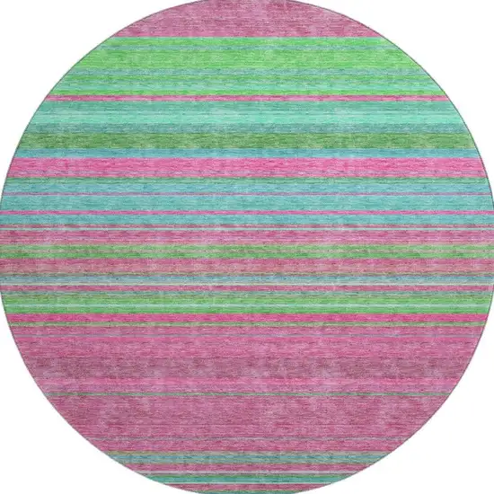 8' Blush Green And Blue Striped Washable Round Rug With UV Protection Photo 3