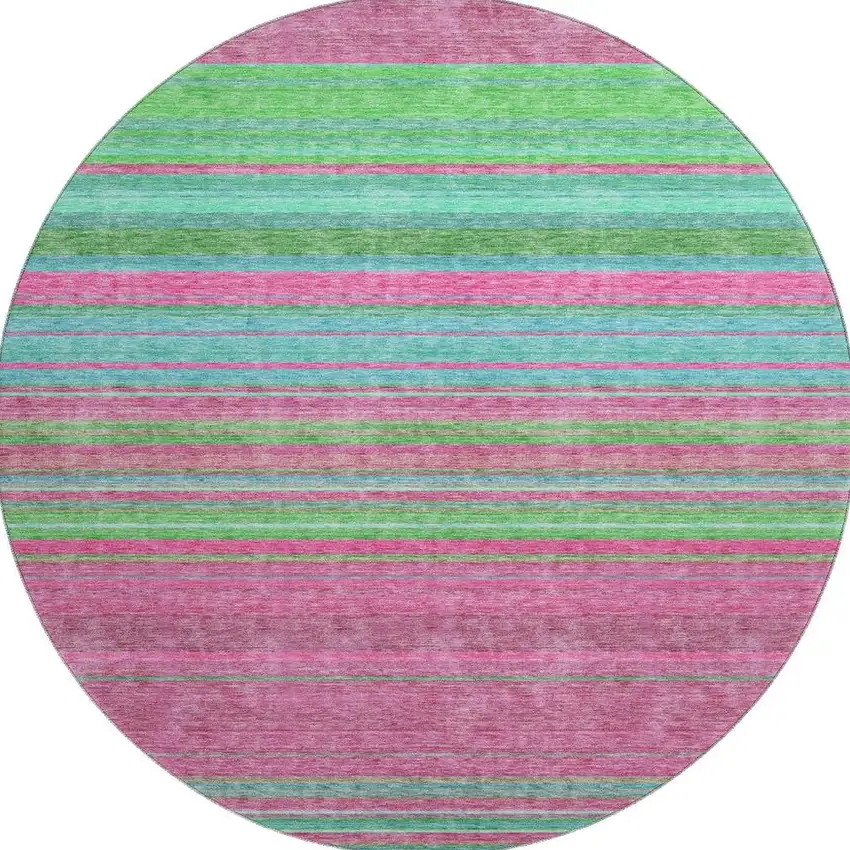 8' Blush Green And Blue Striped Washable Round Rug With UV Protection Photo 3