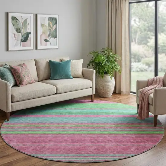 8' Blush Green And Blue Striped Washable Round Rug With UV Protection Photo 1