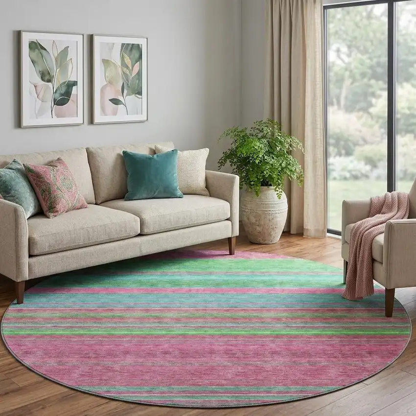 8' Blush Green And Blue Striped Washable Round Rug With UV Protection Photo 1