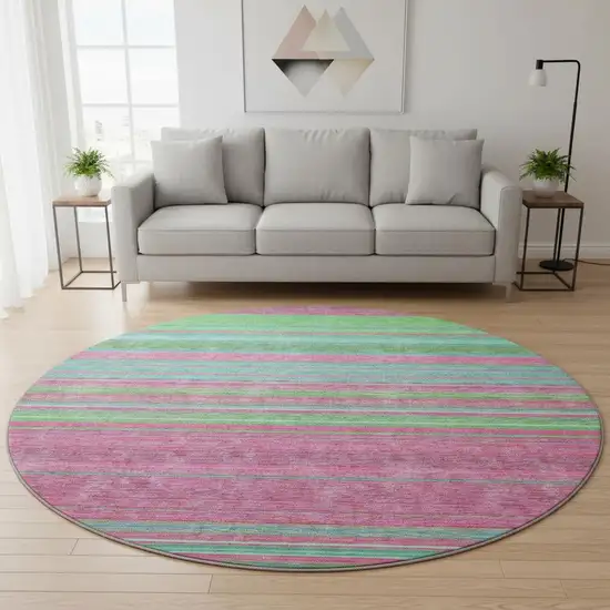8' Blush Green And Blue Striped Washable Round Rug With UV Protection Photo 2