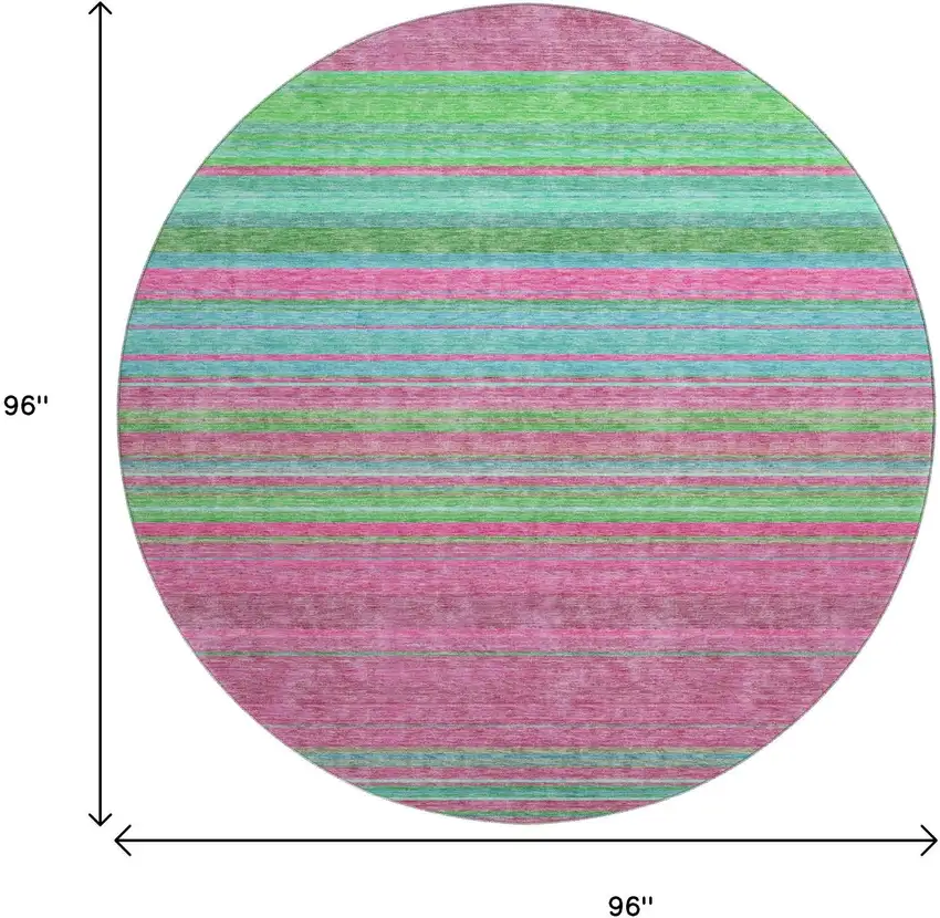 8' Blush Green And Blue Striped Washable Round Rug With UV Protection Photo 9